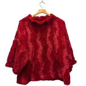 IVY Jane Women's Faux Fur Poncho Sweater Red Puff Sleeve Textured Cozy Size M/L